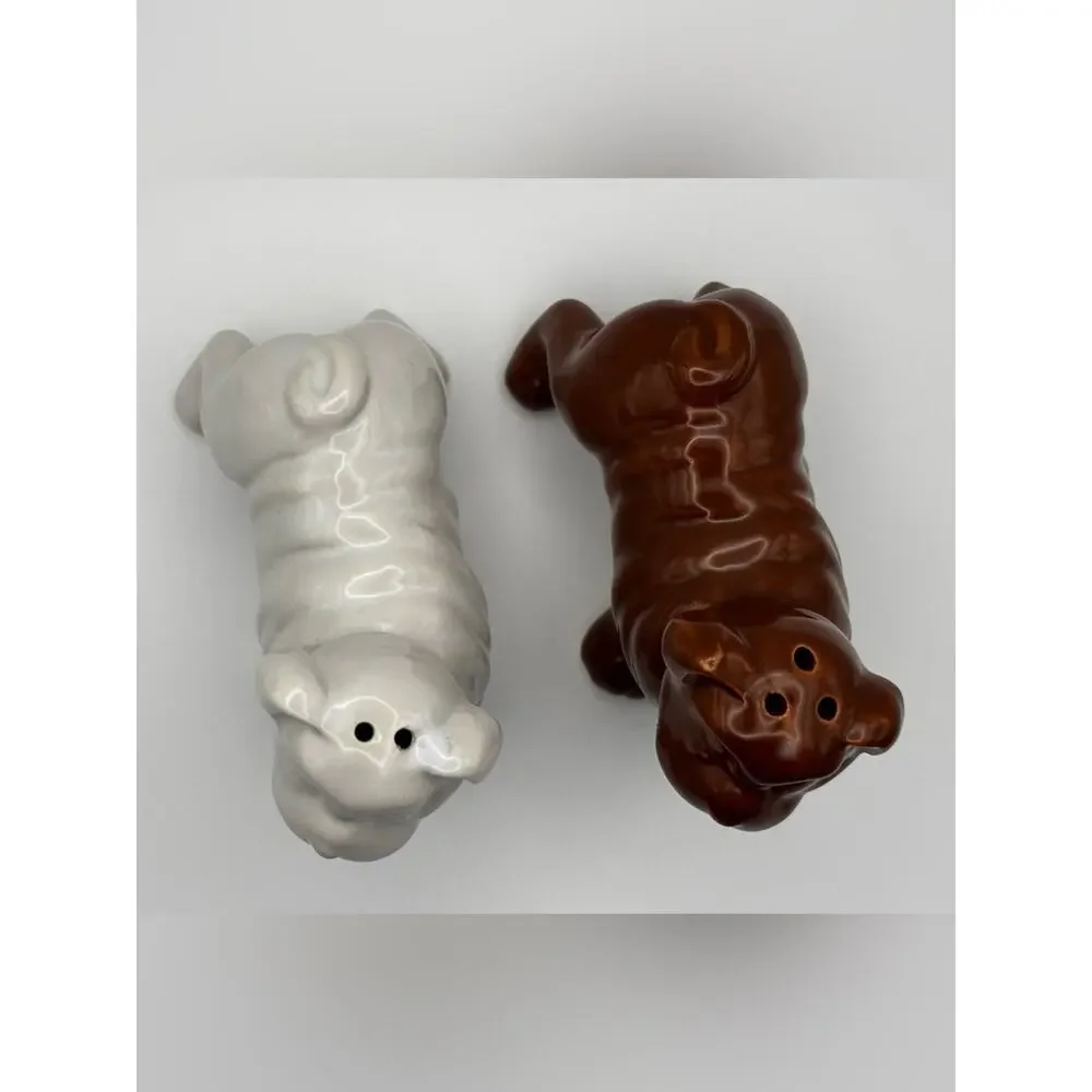 Ceramic Bulldog Salt & Pepper Shaker Set Brown & White Dog Kitchen Decor